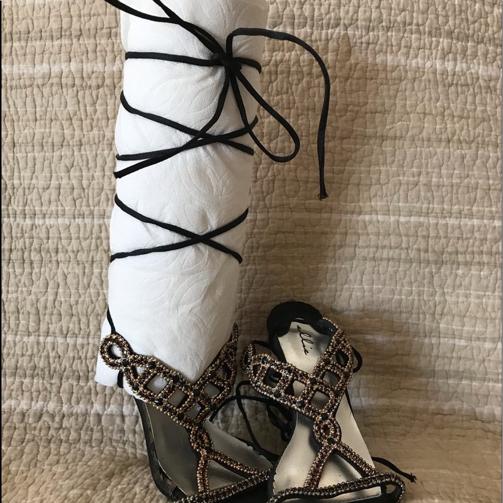 Strappy 5” heels, gold accents.